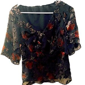 Black velvet with red florals. S short sleeve top.